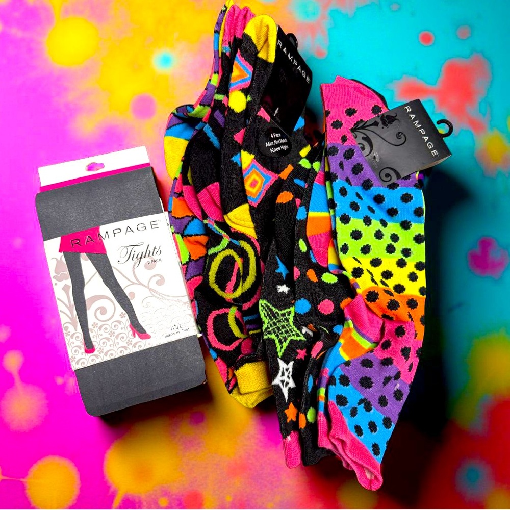 Rampage NWT Bundle of 3 Neon Graphic Mix-Not Match Knee Highs 2 Pack M/L Tights